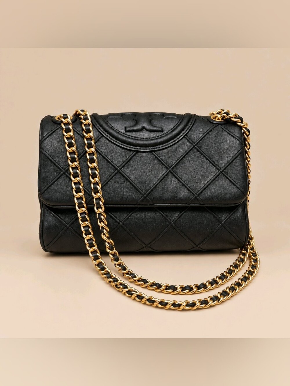 Tory Burch Black Fleming Quilted Shoulder Bag with Gold Chain